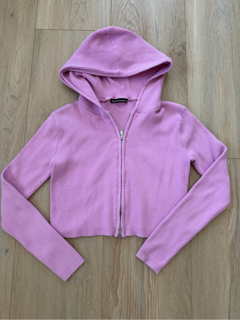 Brandy Melville Pink Ribbed Zip-Up Hoodie Jacket